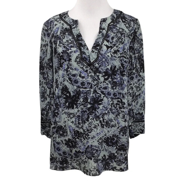Rebecca Taylor Blouse Womens 0 Blue Black Floral Kiku Print 3/4 Sleeve Silk Top‎ - Picture 1 of 12